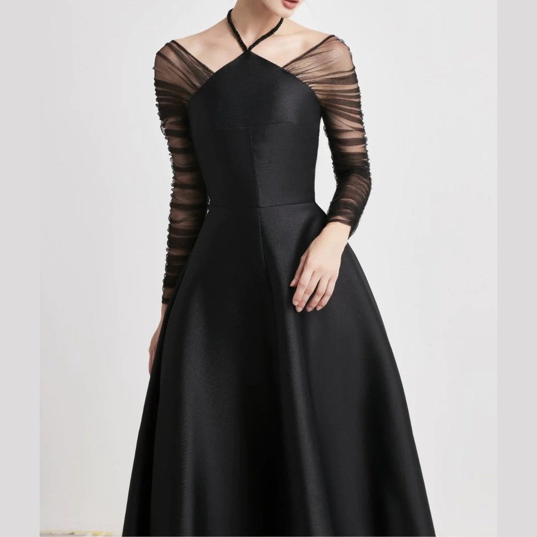 designer dress black satin mesh arm sleeve, ballkleid , abendkleid schwarz- Cielie